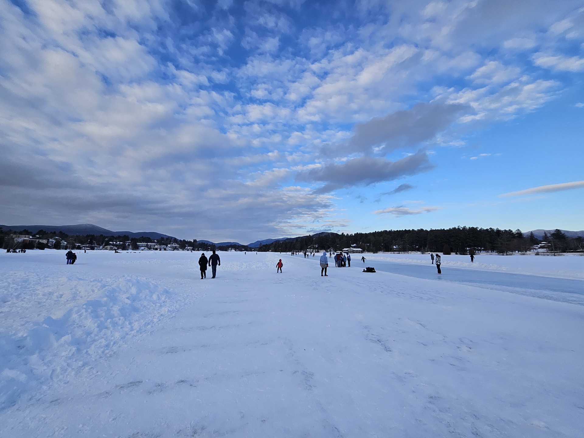 Frozen Mirror Lake with the Lake Placid village skyline